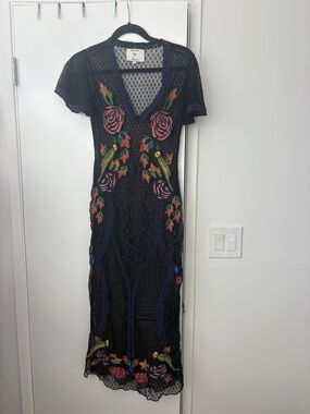 Cleobella Black Sheer Maxi Dress with Multicolor Floral Embroidery